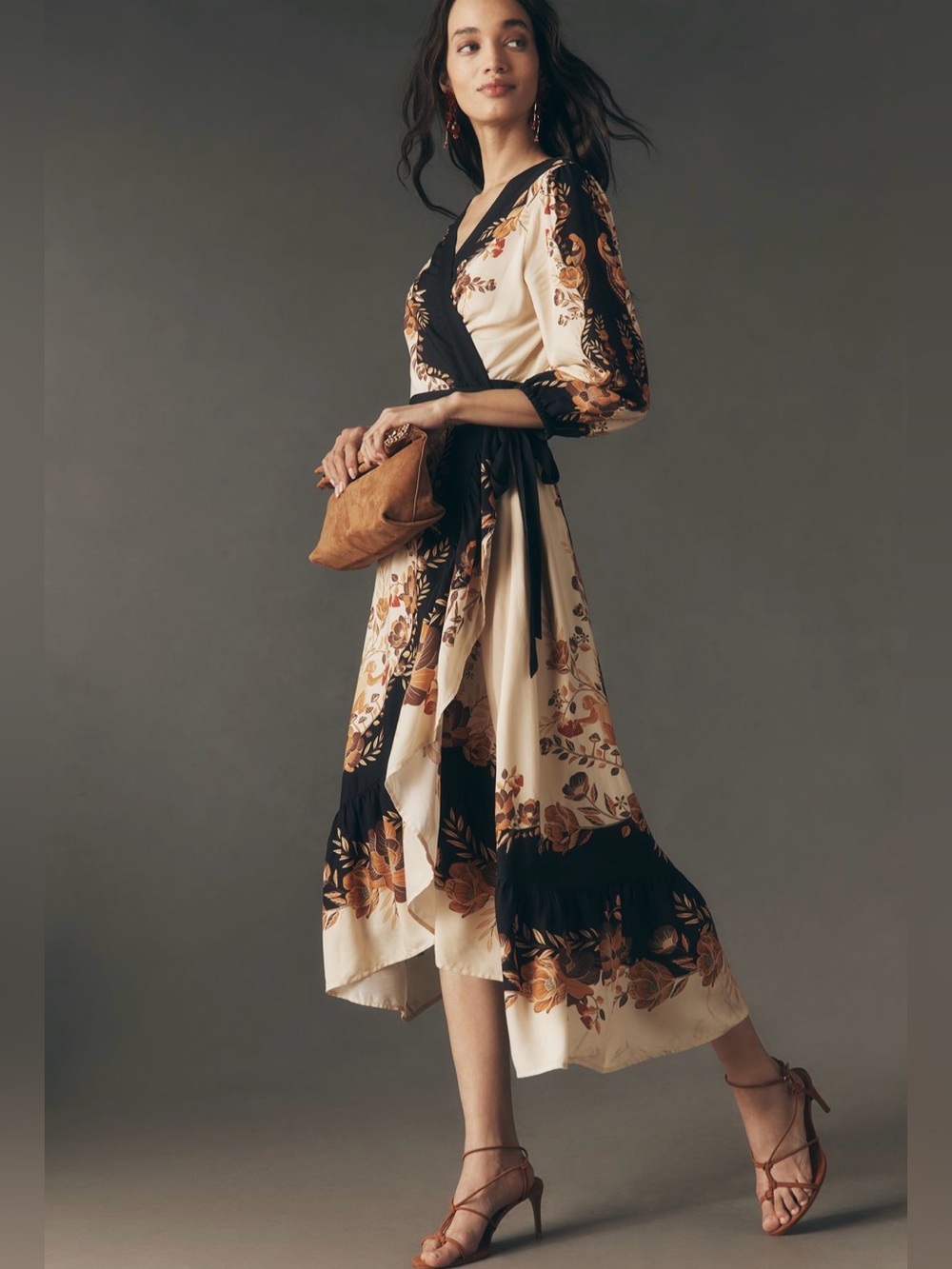 NWT Farm Rio Floral Wrap Midi Dress in Cream and Black